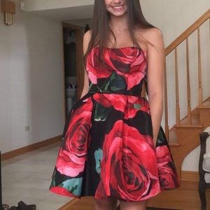 Sherri Hill Rose Pattern Strapless Short Dress